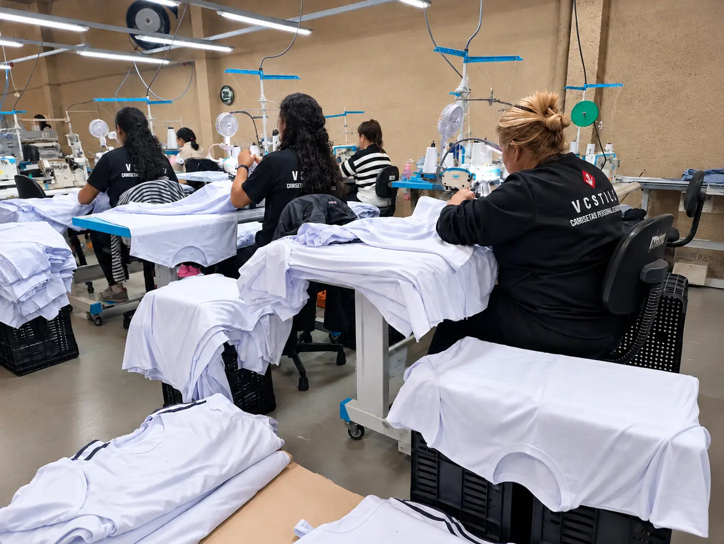 Equipe da VCSTILO trabalhando na confecção de camisetas