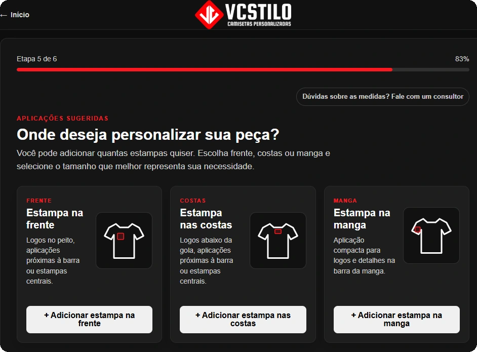 Tela do Assistente de Orçamento Online para escolha das áreas de personalização