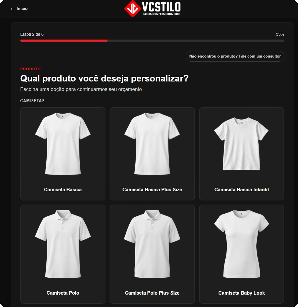 Tela do Assistente de Orçamento Online da VCSTILO com seleção de produtos